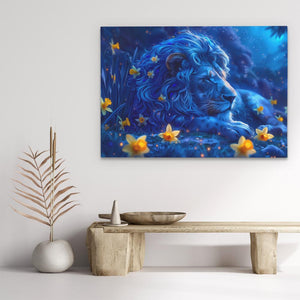 a painting of a blue lion on a white wall