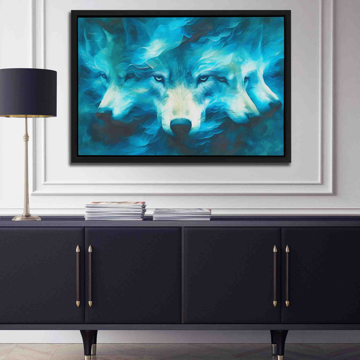 a painting of two wolfs on a wall