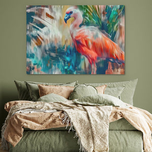 a painting of a flamingo on a wall above a bed