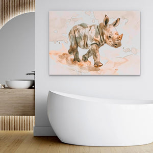 a painting of a rhino on a wall above a bathtub