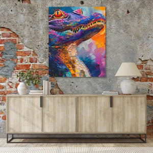 a painting of a purple alligator on a brick wall