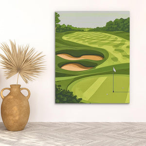 a painting of a golf course with a green