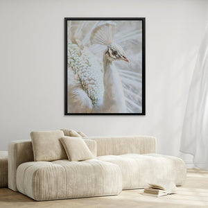 a painting of a white peacock in a living room