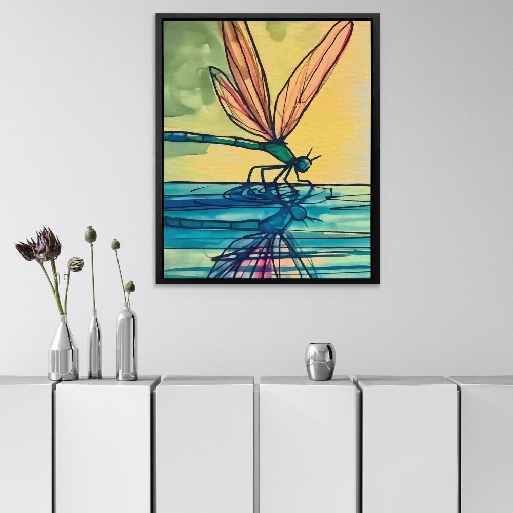 a painting of a dragonfly sitting on top of a body of water