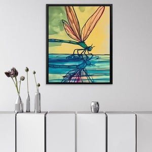 a painting of a dragon flying over a body of water