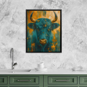 a painting of a bull is hanging above a kitchen sink