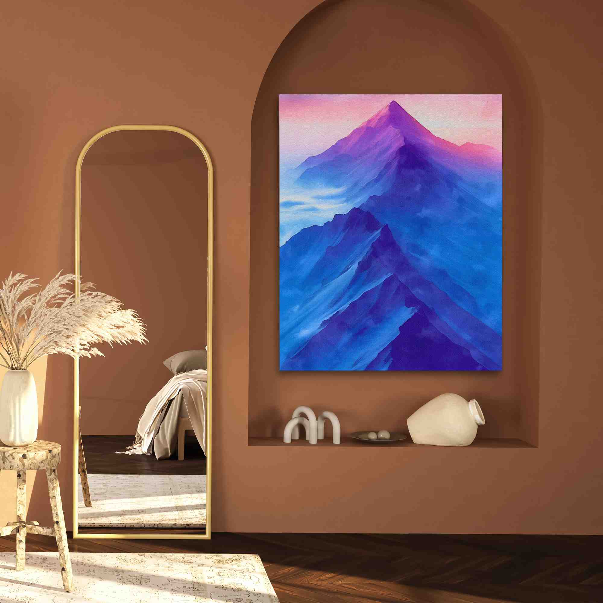 a painting of a mountain range in blue and pink