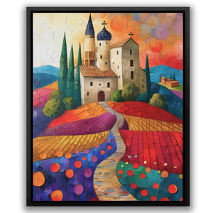 a painting of a church on a hill