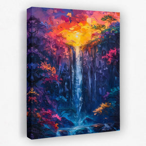 a painting of a waterfall in the middle of a forest