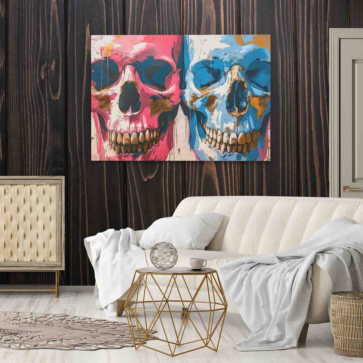 a living room filled with furniture and a painting on the wall