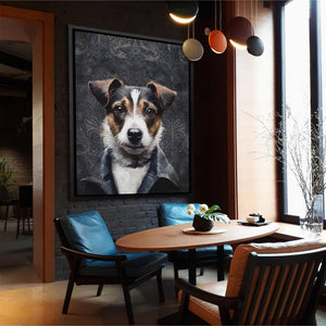 a picture of a dog on a wall in a dining room