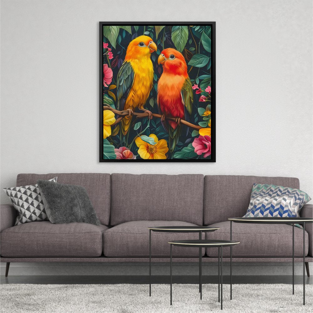 a painting of two colorful birds sitting on a branch