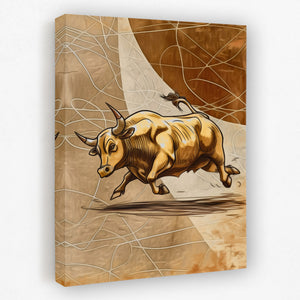 a painting of a bull running through a desert