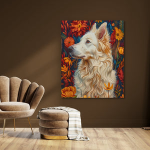 a painting of a dog on a brown wall