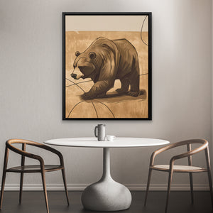 a painting of a bear on a wall above a table