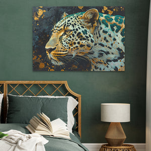 a painting of a leopard on a wall above a bed