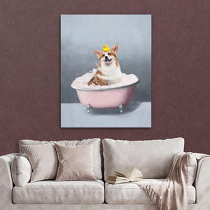 a painting of a dog sitting in a bathtub