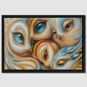 a painting of two owls with blue eyes