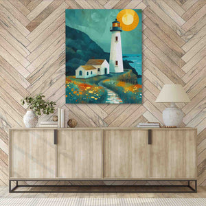 a painting of a lighthouse on a wall