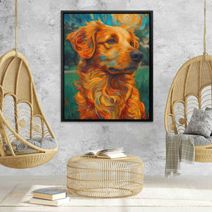 a painting of a golden retriever on a wall