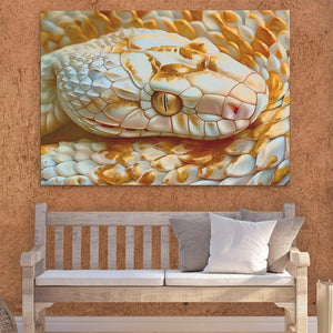 a painting of a snake on a wall next to a bench