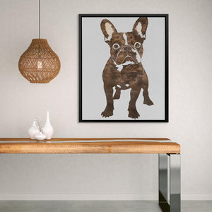 a picture of a dog on a wall above a table