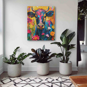 a painting of a cow on a wall next to potted plants