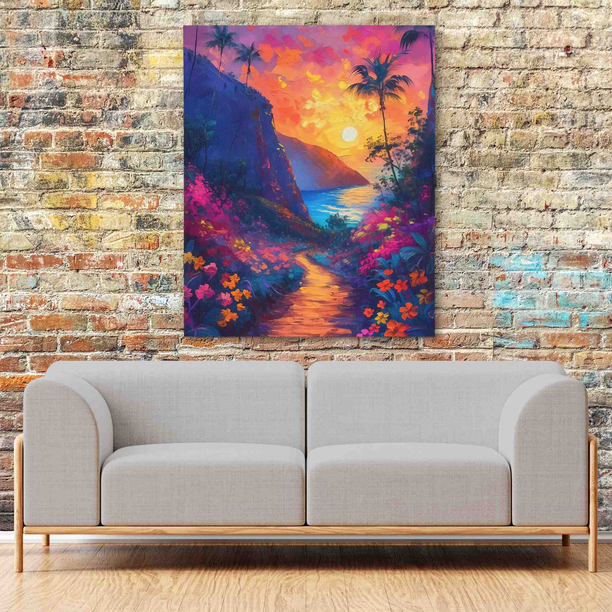 a painting of a tropical sunset on a canvas