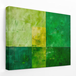 a green and yellow painting on a white wall