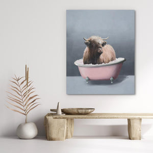 a painting of a cow sitting in a bathtub