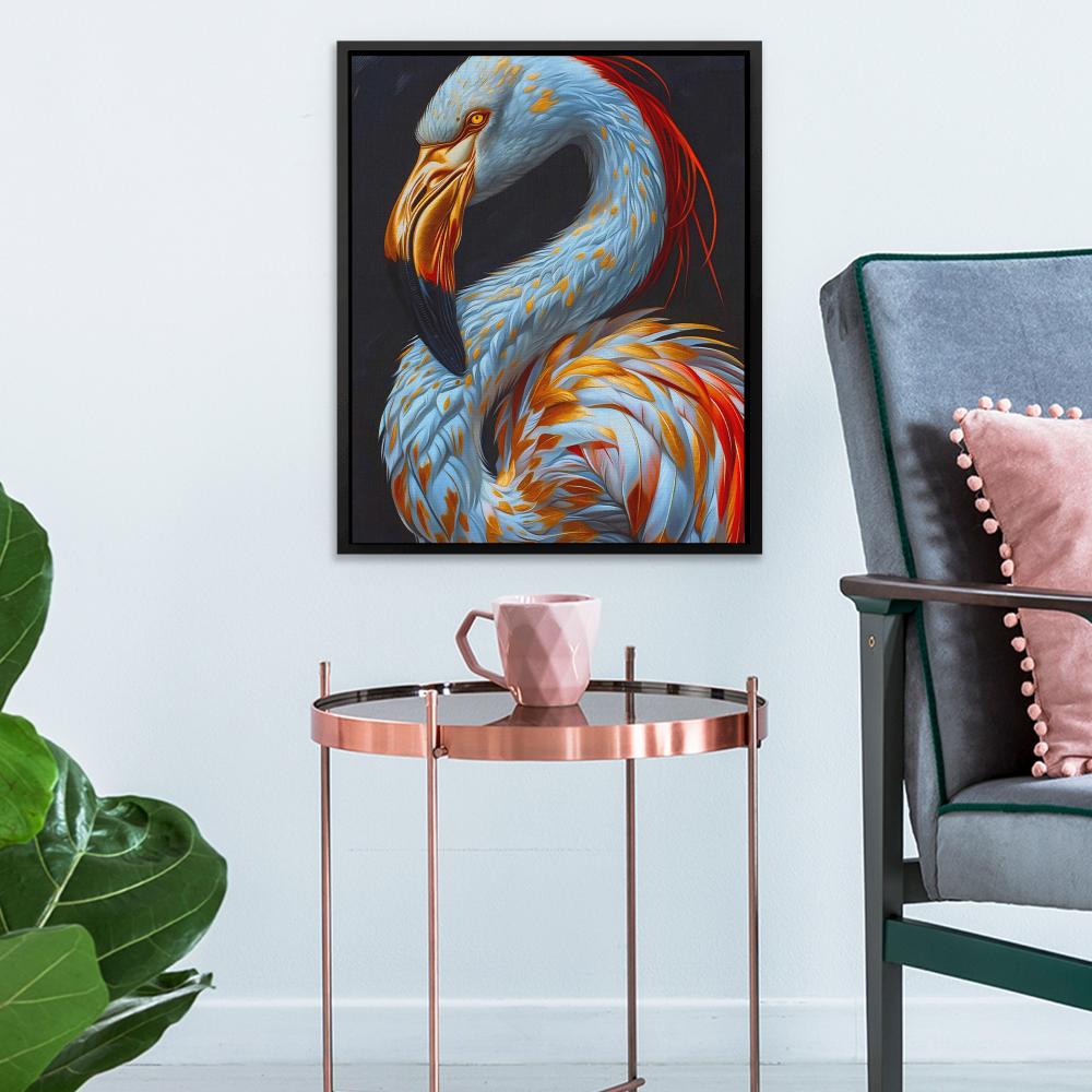 a painting of a flamingo on a black background