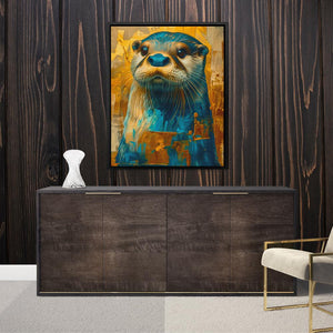 a painting of a sea lion on a wooden wall