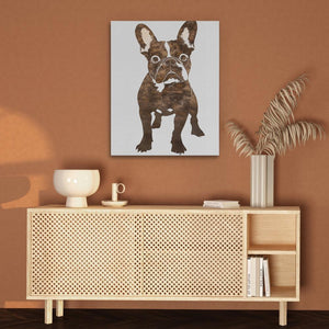 a painting of a dog on a brown wall