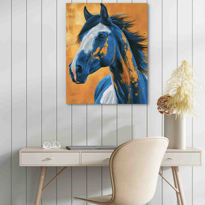 a painting of a horse on a wall above a desk