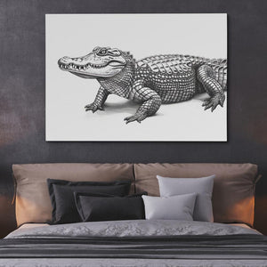 a drawing of a crocodile on a wall above a bed
