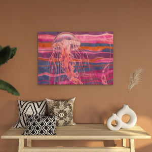 a painting of a jellyfish on a wall above a table