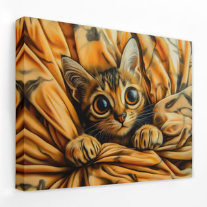 a painting of a kitten peeking out from under a blanket