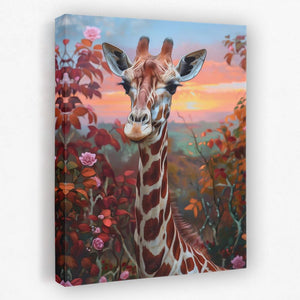 a painting of a giraffe in a field of flowers