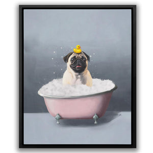 a painting of a pug in a bathtub with a crown on its head