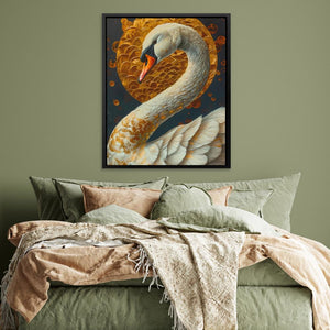 a painting of a swan on a green wall above a bed