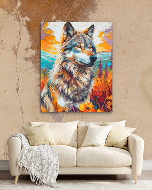 a painting of a wolf on a wall above a couch