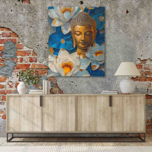 a painting of a buddha head on a brick wall