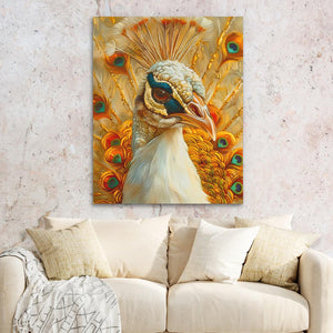 a painting of a peacock on a wall above a couch