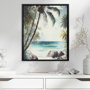 a painting of a tropical beach with palm trees