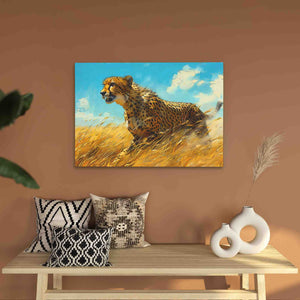 a painting of a cheetah running through a field