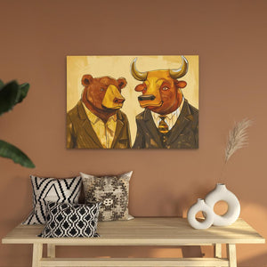 a painting of two bears in suits on a wall