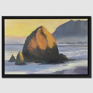 a painting of a rock in the ocean