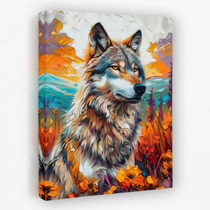 a painting of a wolf in a field of flowers