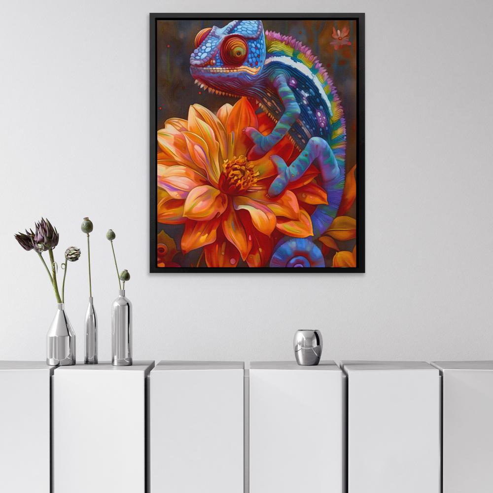 a painting of a chamelon on a flower