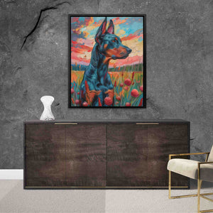 a painting of a doberman in a living room